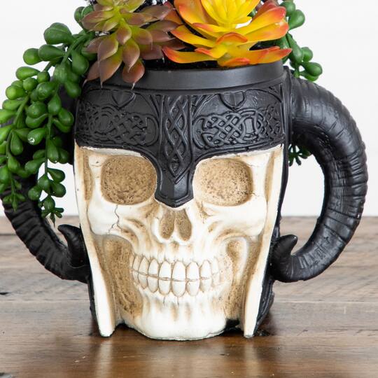 9" Artificial Halloween Mixed Succulent Garden in Warrior Skull Planter